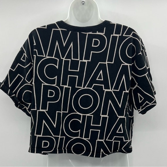 Women's Champion Heritage Cropped Tee, All Over Logo Big Block Text Outline Blac - Picture 7 of 11